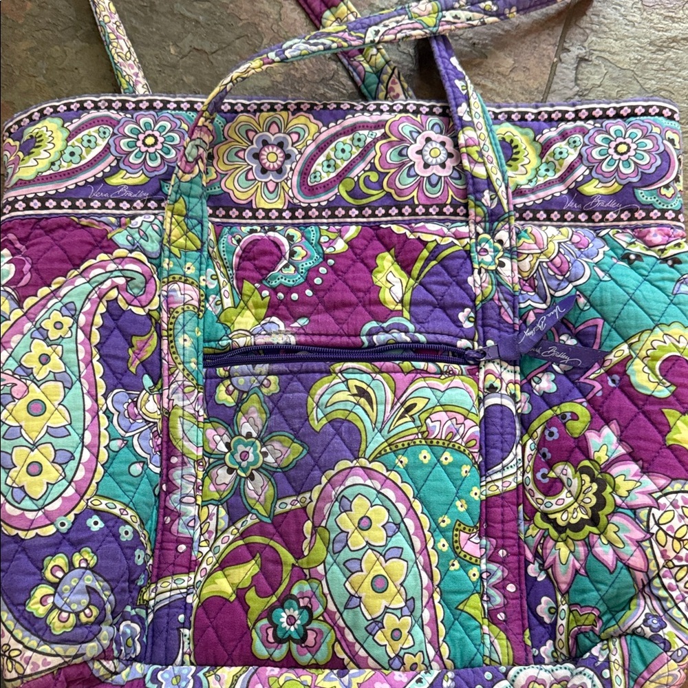 Vibrant Paisley Tote Bag Vera Bradley purple 14 by 16. Pockets. Tortoise latch - Picture 6 of 8